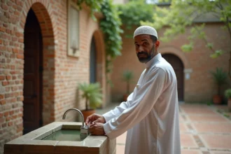 Homme musulman effectuant les ablutions avant la prière dans une mosquée d'Argenteuil