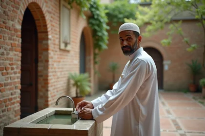 Homme musulman effectuant les ablutions avant la prière dans une mosquée d'Argenteuil