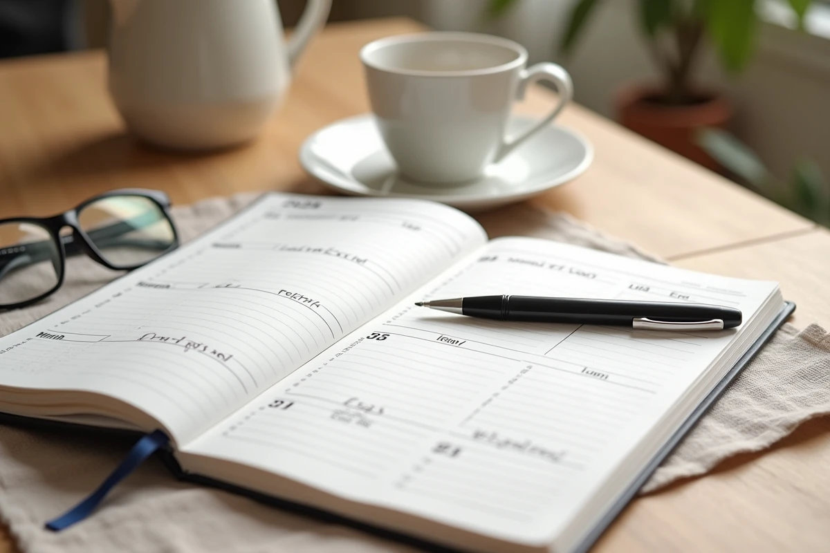 Agenda papier 2026 ouvert avec semaines impaires annotées à la main, posé sur une table en bois avec une tasse de café