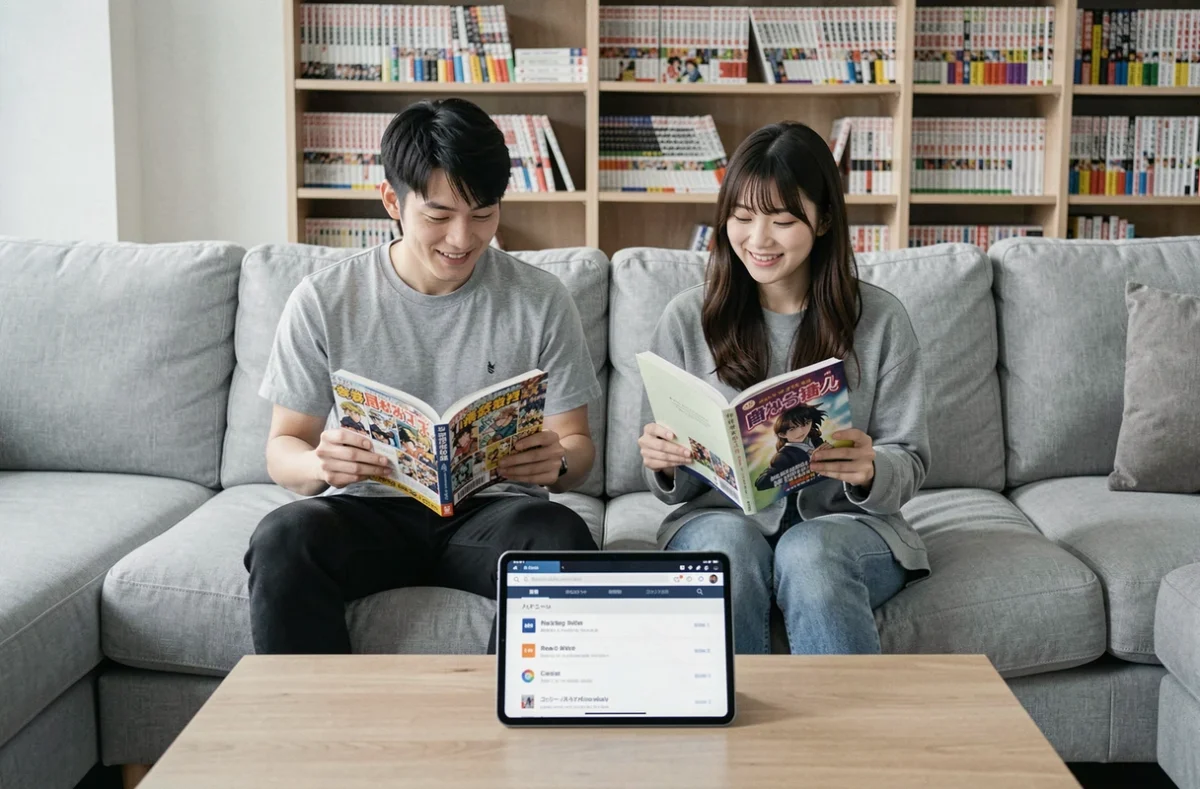 Deux amis lisant des mangas physiques en cherchant des alternatives à Kaliscab sur une tablette