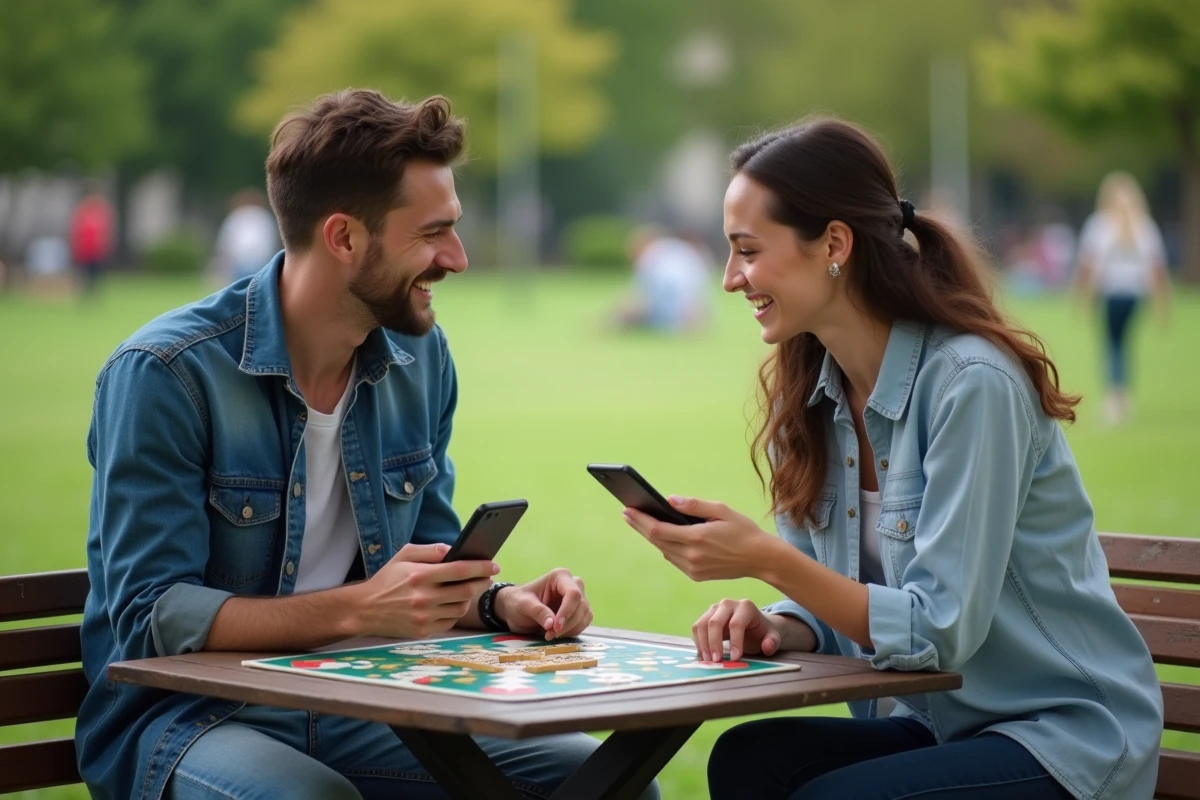 Deux amis jouant à Scrabble dans un parc en plein air