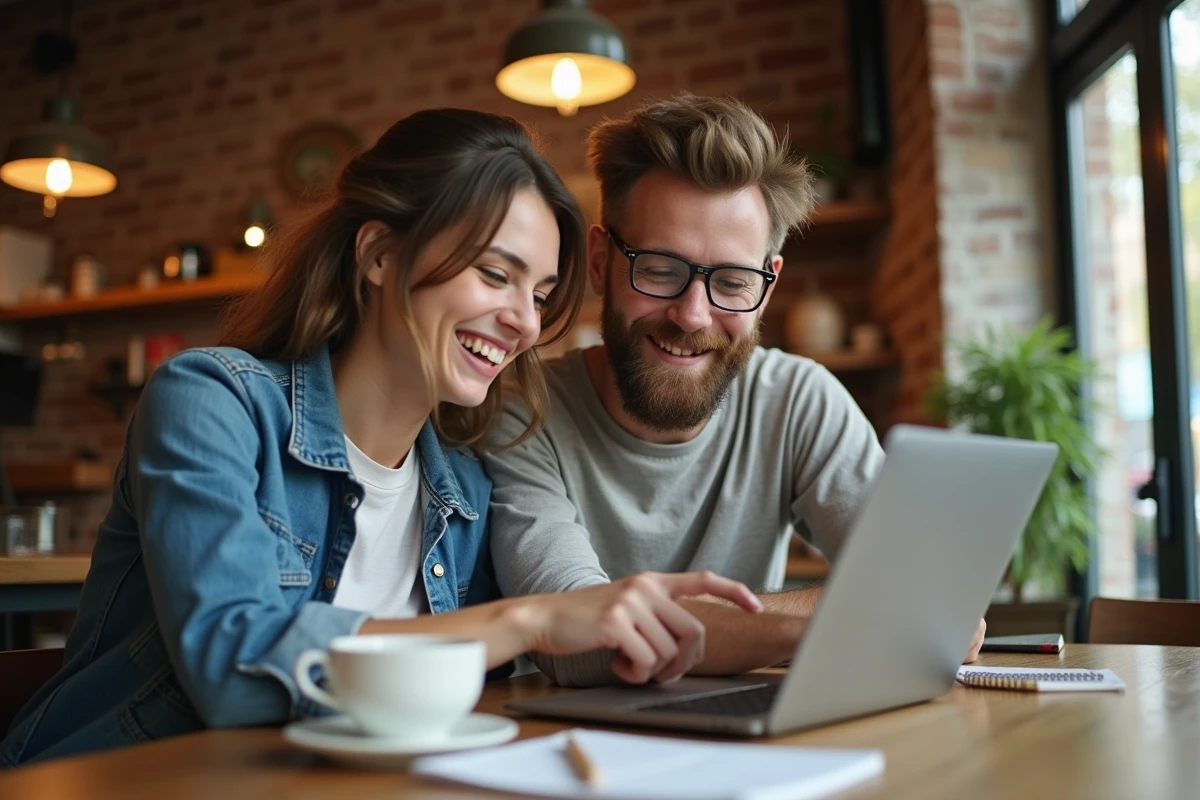 Deux amis discutant d'une stratégie pour un jeu de mots sur ordinateur portable dans un café chaleureux