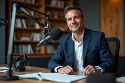 Homme en studio radio avec micro et casque