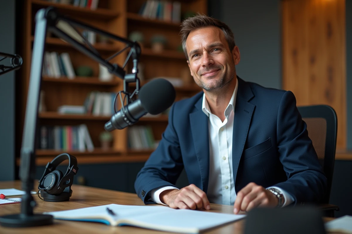 Homme en studio radio avec micro et casque