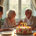 Couple âgé célébrant 70 ans de mariage avec famille
