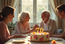 Couple âgé célébrant 70 ans de mariage avec famille