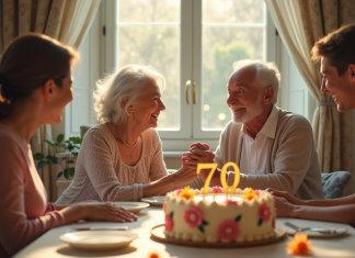 Couple âgé célébrant 70 ans de mariage avec famille