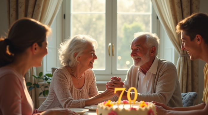 Couple âgé célébrant 70 ans de mariage avec famille