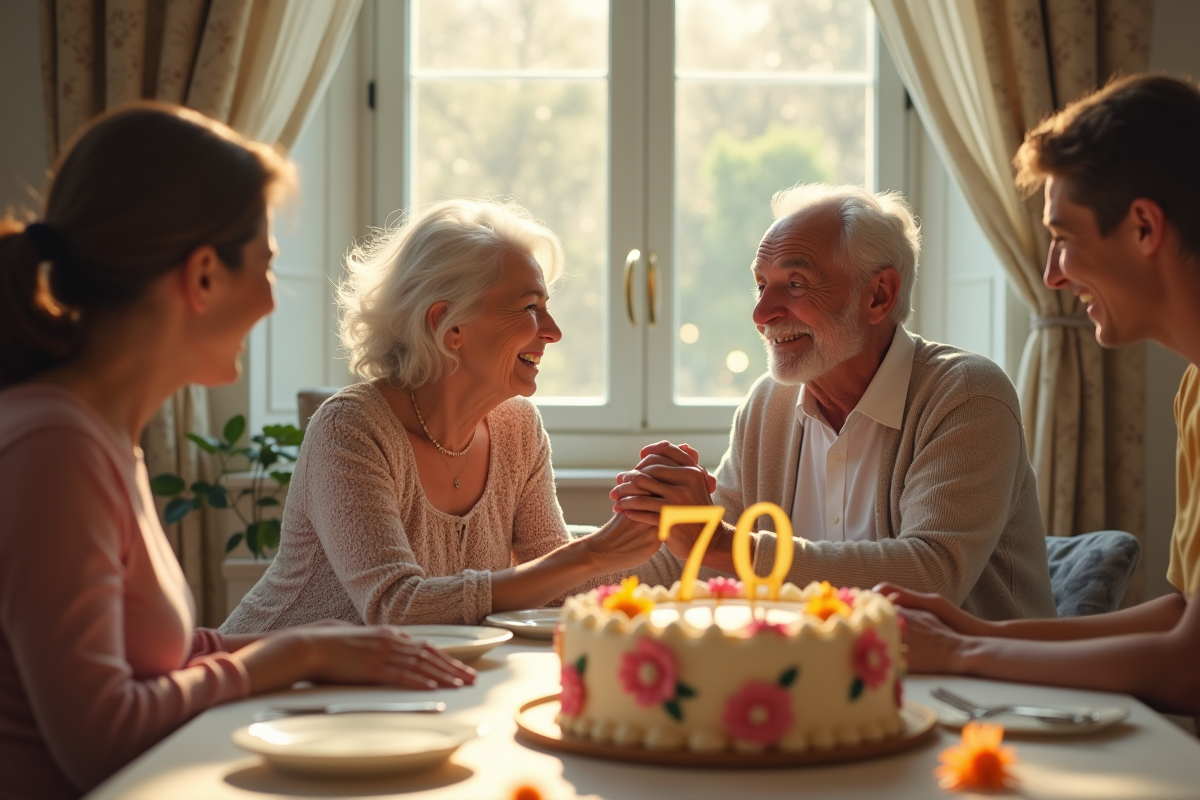 Couple âgé célébrant 70 ans de mariage avec famille