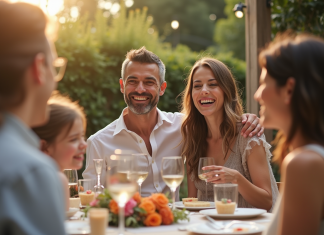 Couple célébrant leur 10e anniversaire en famille dans un jardin
