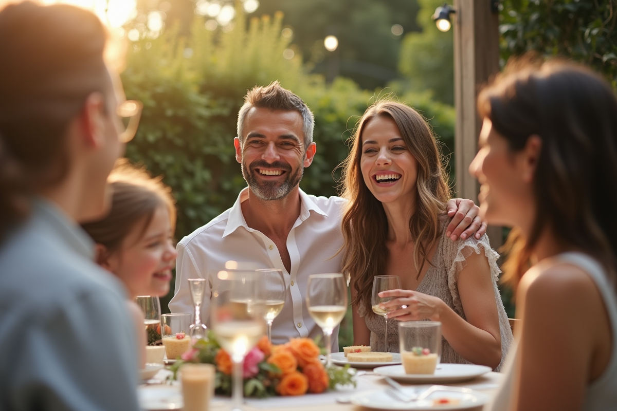 Couple célébrant leur 10e anniversaire en famille dans un jardin