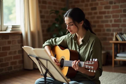 Jeune femme apprenant la guitare acoustique avec des partitions imprimées posées sur un pupitre, dans un coin musical chaleureux à la maison