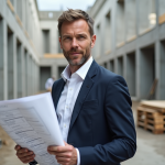 Architecte homme tenant plans sur site en construction