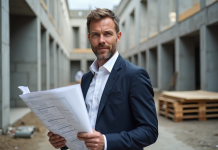 Architecte homme tenant plans sur site en construction