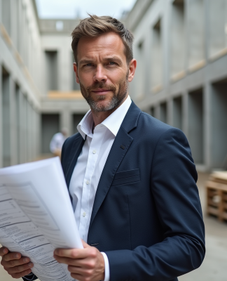 Architecte homme tenant plans sur site en construction