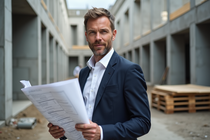 Architecte homme tenant plans sur site en construction