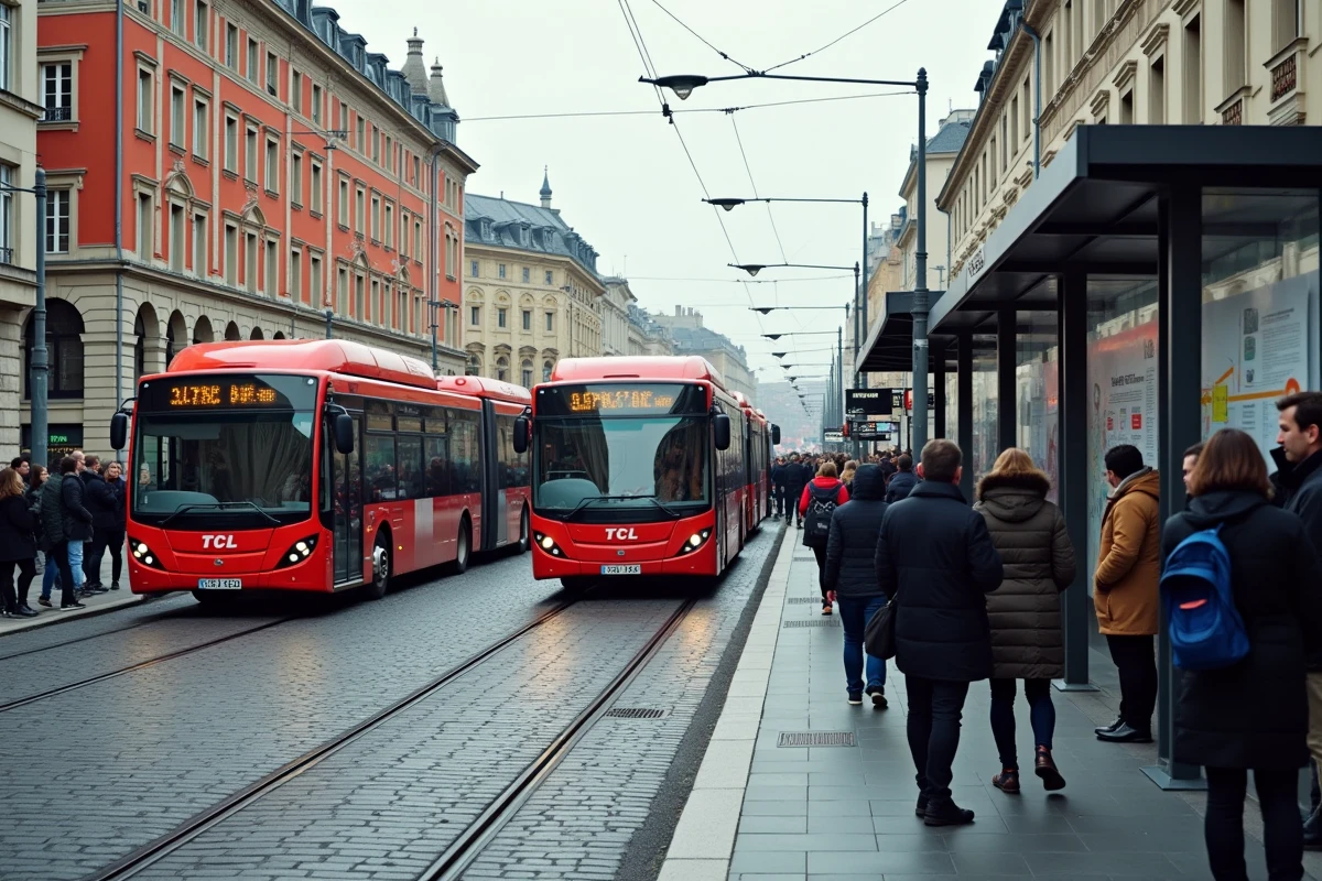 Vue d'ensemble d'un arrêt de bus TCL animé sur la place Bellecour à Lyon
