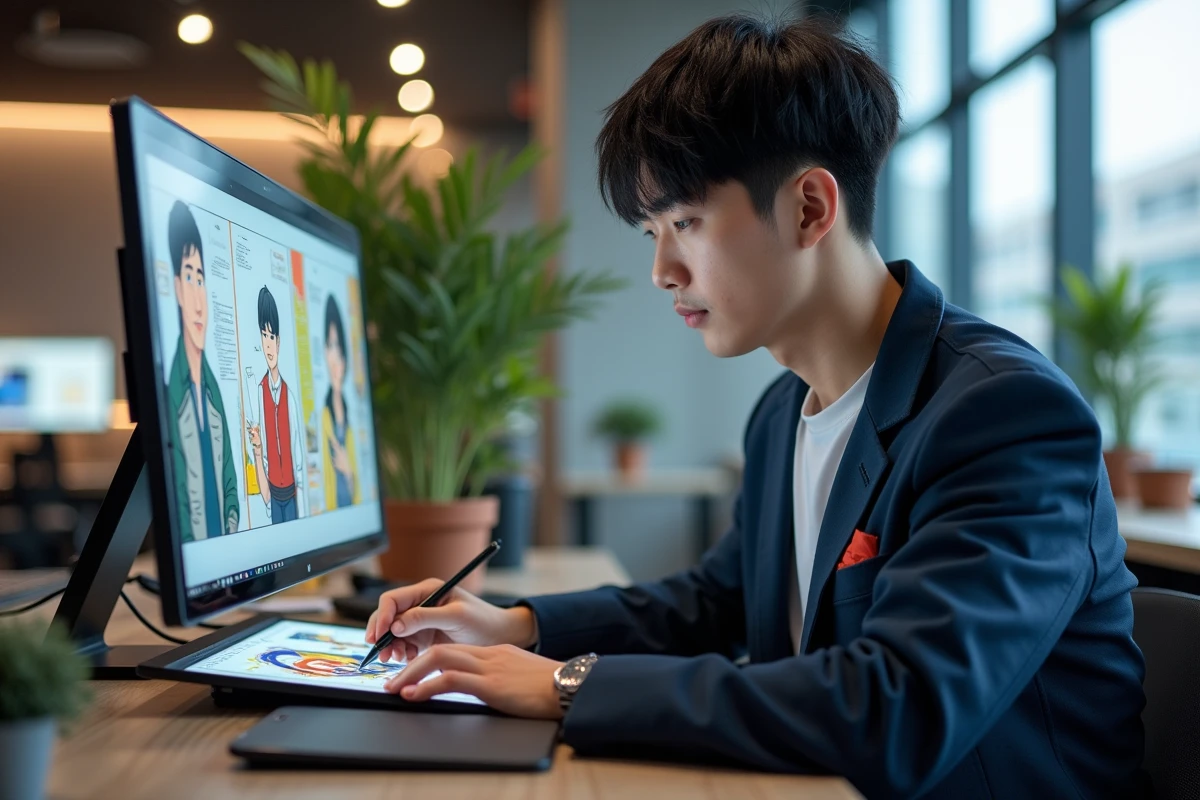 Jeune artiste coréen travaillant sur un manhwa numérique coloré dans un studio de webtoon moderne à Séoul, illustrant la culture manhwa coréenne contemporaine