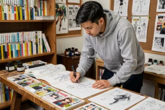 Artiste manga dessinant des personnages de héros pour illustrer l'évolution des combattants dans One Punch Man chapitre 275