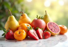 Assortiment de fruits frais S sur comptoir blanc