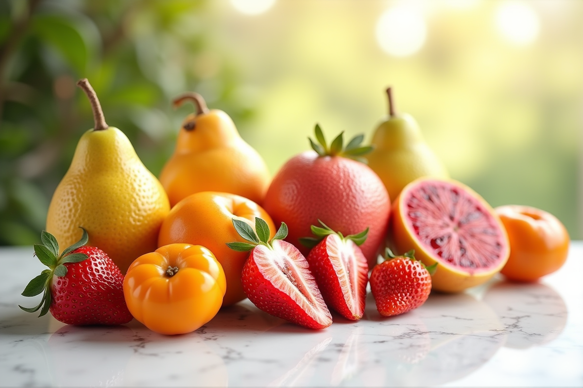 Assortiment de fruits frais S sur comptoir blanc