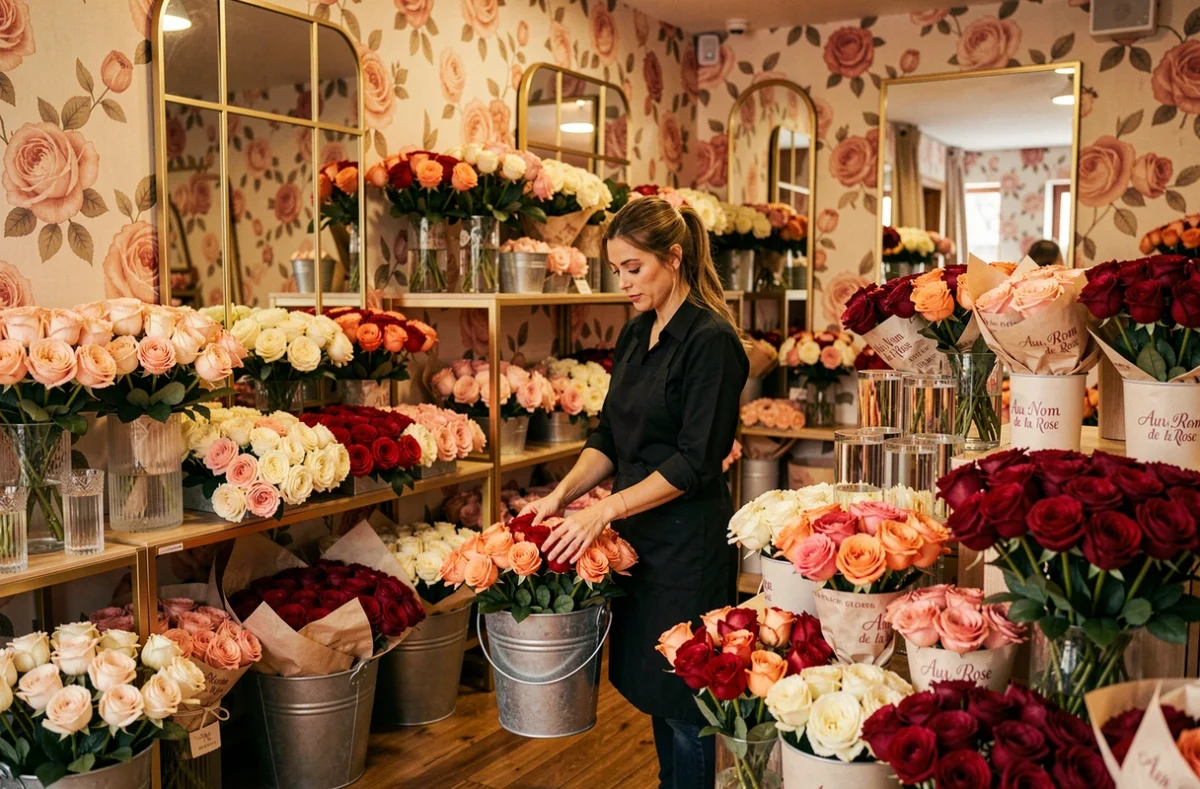 Fleuriste d'Au Nom de la Rose à Vincennes sélectionnant des tiges parmi une profusion de roses de toutes couleurs dans une boutique élégante dédiée exclusivement aux roses