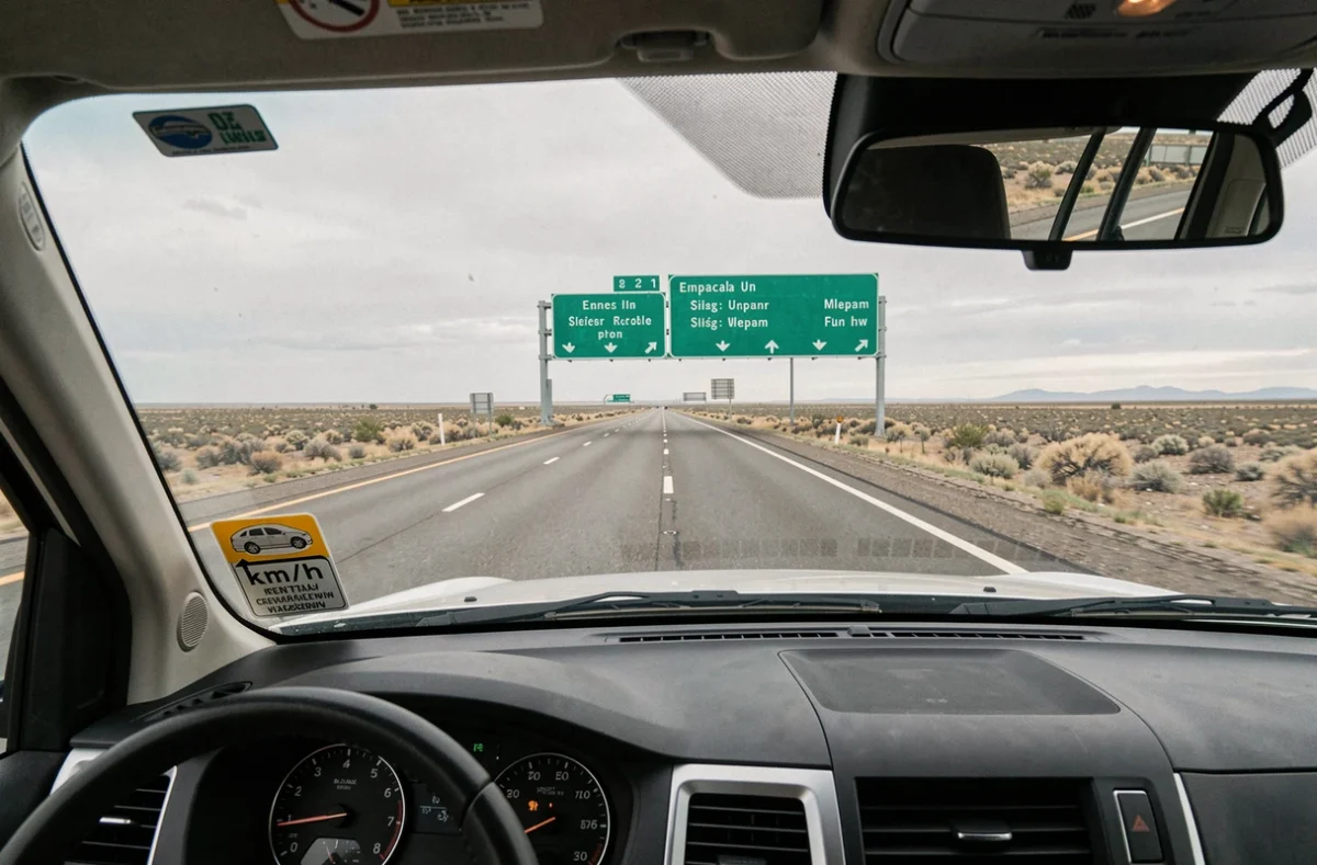 Vue depuis l'intérieur d'une voiture sur une autoroute américaine avec panneaux de limitation de vitesse en miles par heure