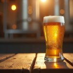 Verre de bière dorée forte sur table en bois rustique