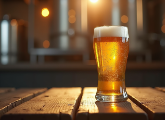 Verre de bière dorée forte sur table en bois rustique