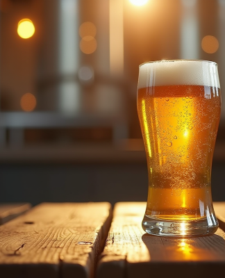 Verre de bière dorée forte sur table en bois rustique