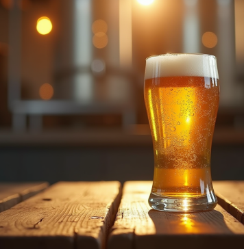 Verre de bière dorée forte sur table en bois rustique