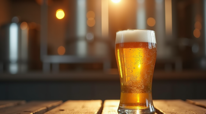 Verre de bière dorée forte sur table en bois rustique