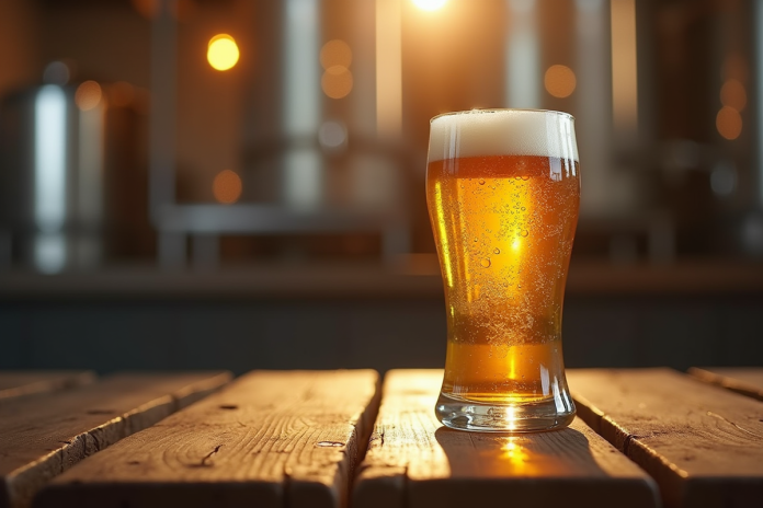 biere-golden-pression-rustique Verre de bière dorée forte sur table en bois rustique