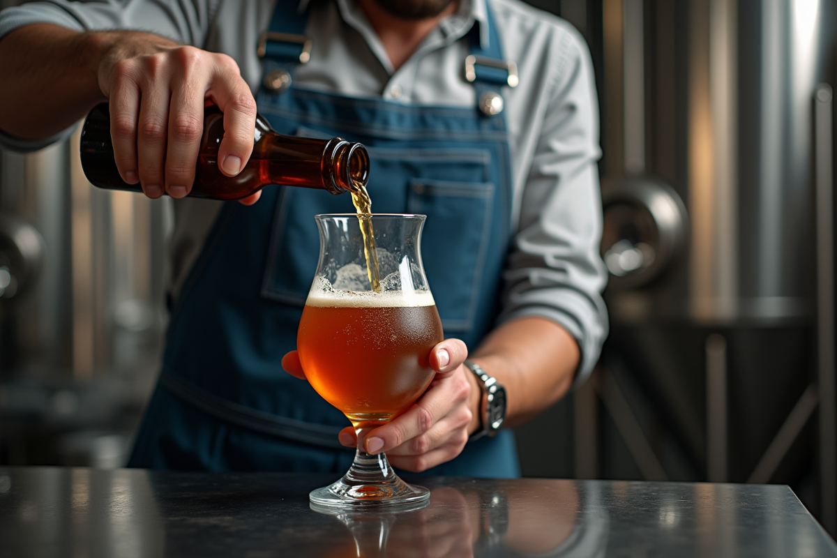 Brasseur versant bière forte dans un verre en acier inoxydable