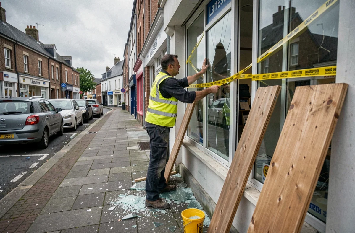 Vitrier de Breizh Depanne intervenant en urgence sur une vitrine brisée à Lanester
