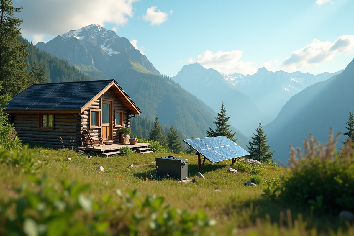 Cabane autonome en montagne avec panneau solaire et batterie portable