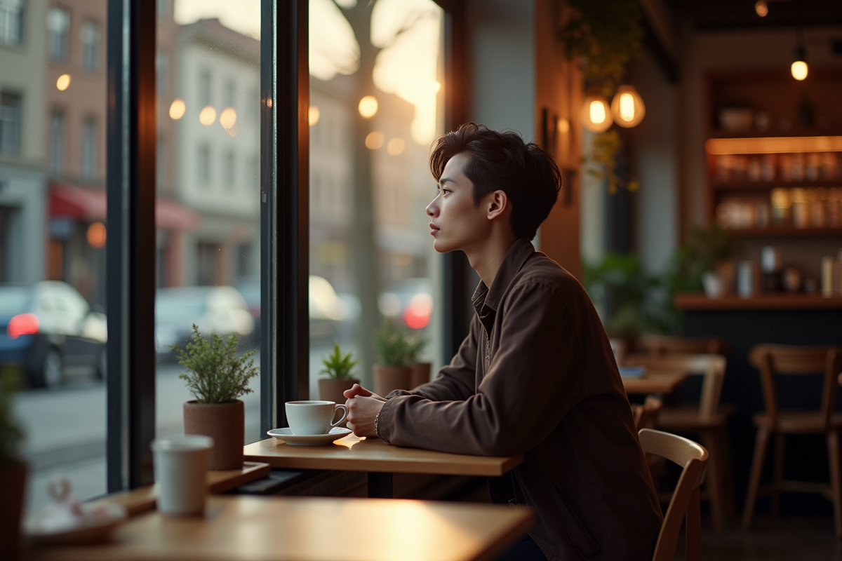 Personnage seul dans un cafe urbain au matin