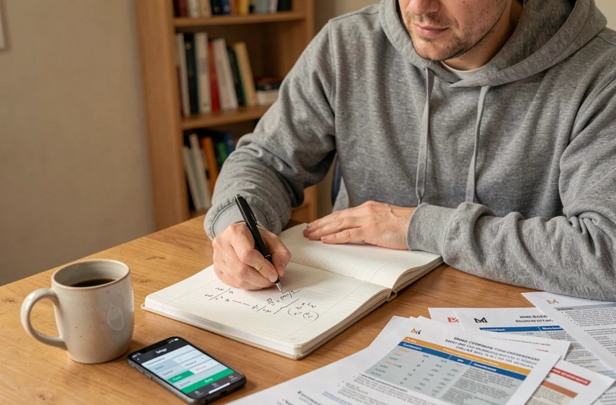 Personne calculant des conversions de vitesse entre km/h et miles par heure dans un carnet sur un bureau en bois