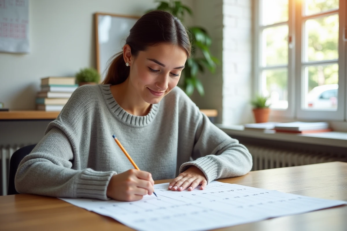 Femme organisant un calendrier 2026 avec numéros de semaines impaires inscrit à la main sur un bureau en bois