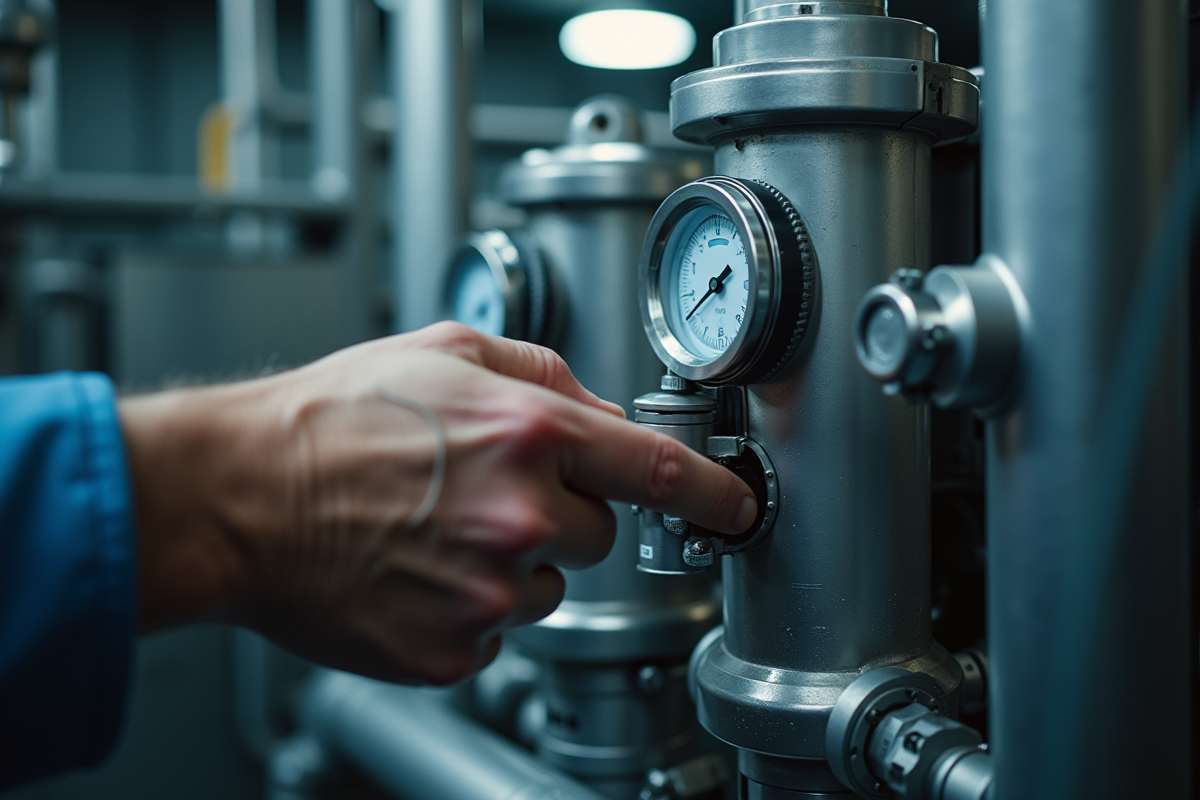 Technicien calibrant des instruments sur des tuyaux métalliques