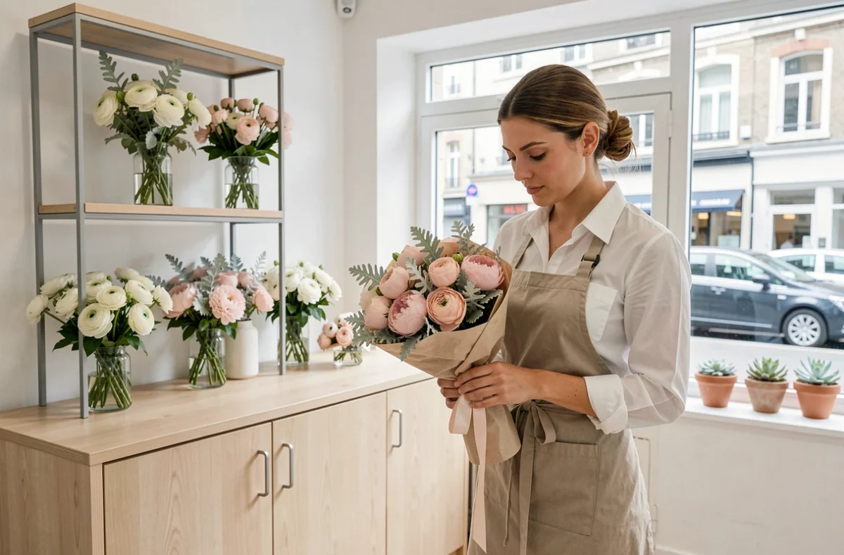 Fleuriste de Calleis Fleurs à Saint-Maur-des-Fossés finissant un bouquet de mariée avec des pivoines et des renoncules blanches