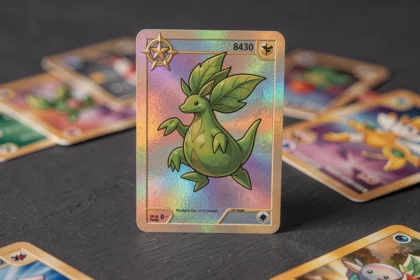Carte Celebi Star holographique rare posée sur une surface ardoise avec d'autres cartes Pokémon vintage en arrière-plan
