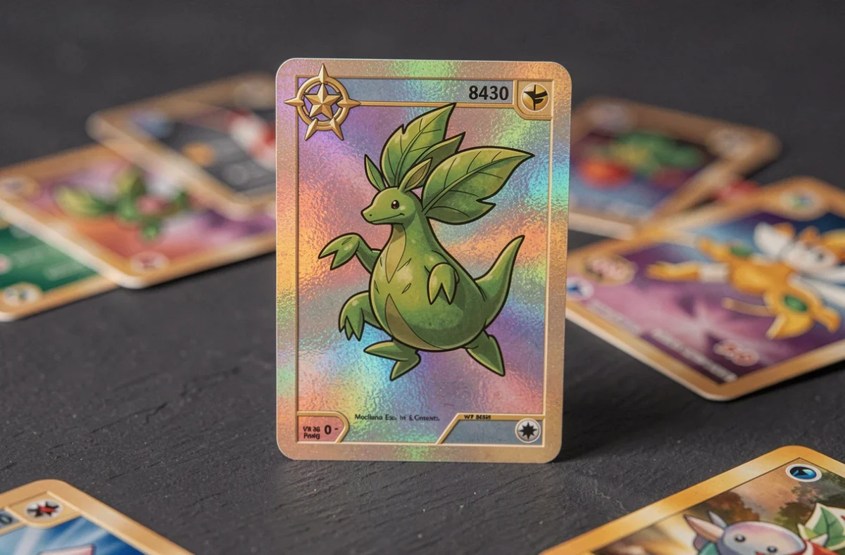 Carte Celebi Star holographique rare posée sur une surface ardoise avec d'autres cartes Pokémon vintage en arrière-plan