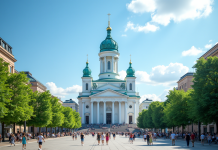 Cathédrale d'Helsinki en été avec vie urbaine