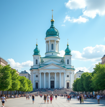 Cathédrale d'Helsinki en été avec vie urbaine
