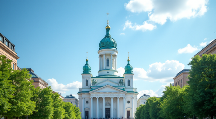 Cathédrale d'Helsinki en été avec vie urbaine