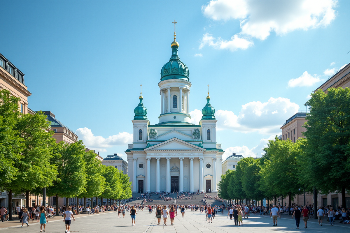 Cathédrale d'Helsinki en été avec vie urbaine