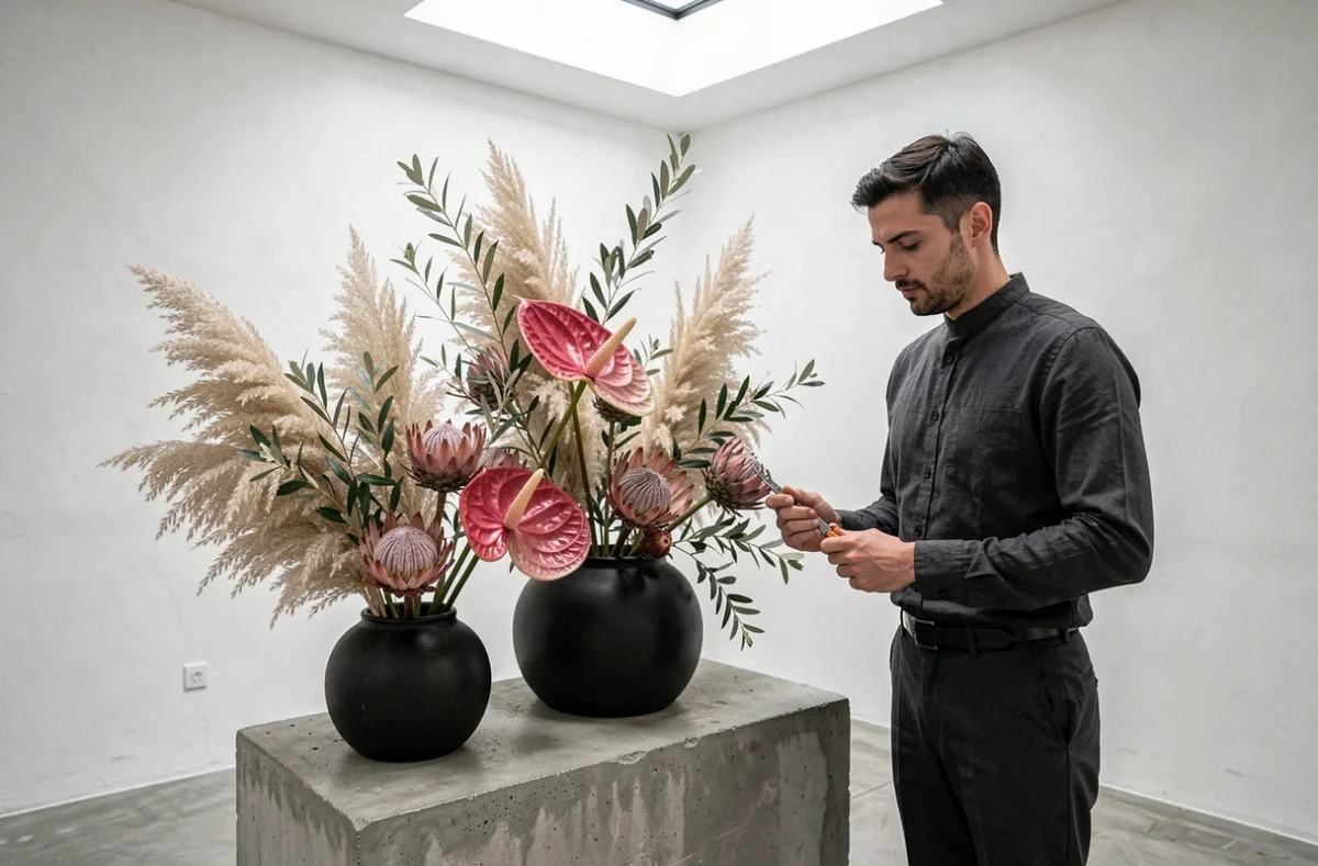 Cédric Exare, fleuriste créatif à Saint-Maur-des-Fossés, contemplant une installation florale sculpturale avec pampa, protées et anthuriums dans un atelier minimaliste