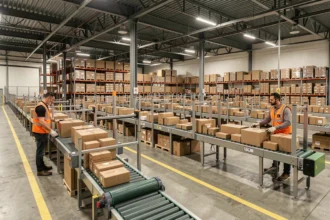 Centre de tri logistique avec tapis roulants et colis en transit dans un entrepôt industriel moderne