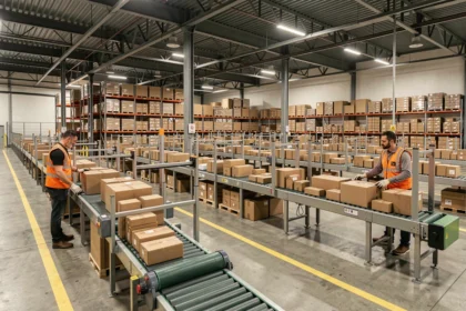 Centre de tri logistique avec tapis roulants et colis en transit dans un entrepôt industriel moderne